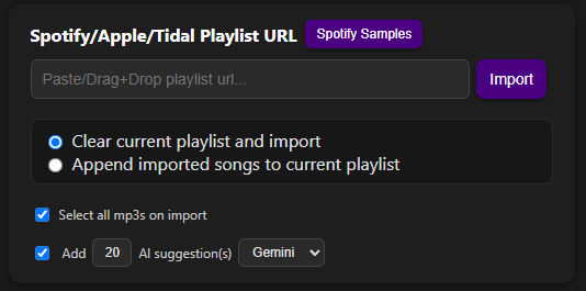 Spotify/Apple/Tidal import section