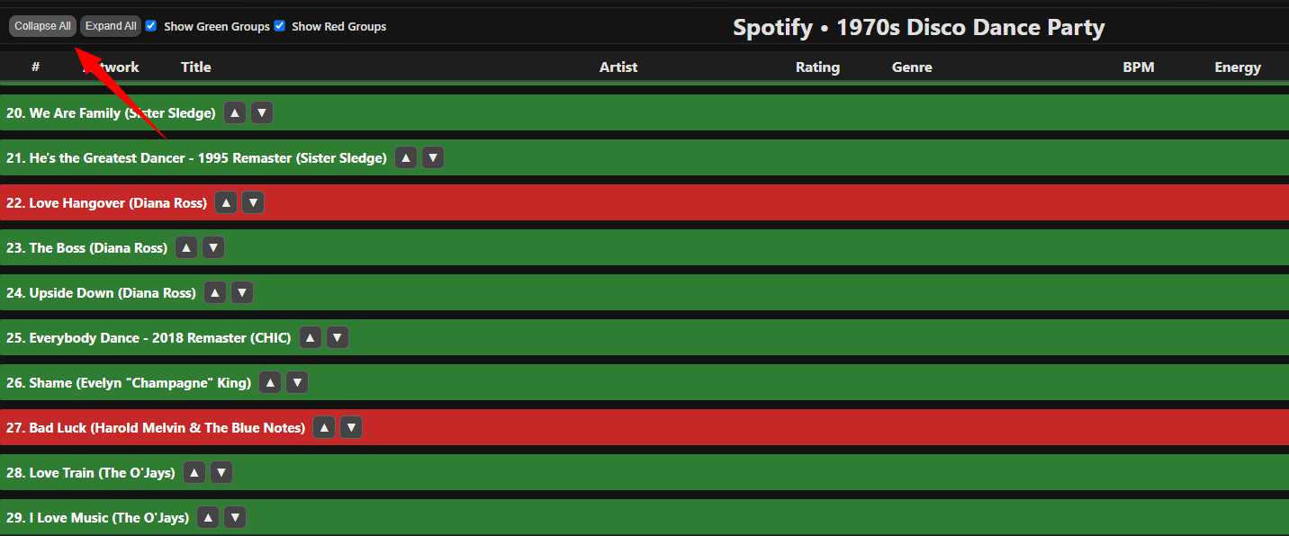 Color-coded playlist showing green and red songs